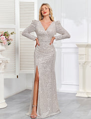Champagne Silver Sequin Ruched Mermaid Long Evening Dress