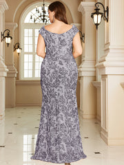 Navy Blue Floral Sequin Off‑Shoulder Sheath Maxi Gown