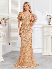 Champagne Gold Sequin Embellished V-Neck Mermaid Evening Gown