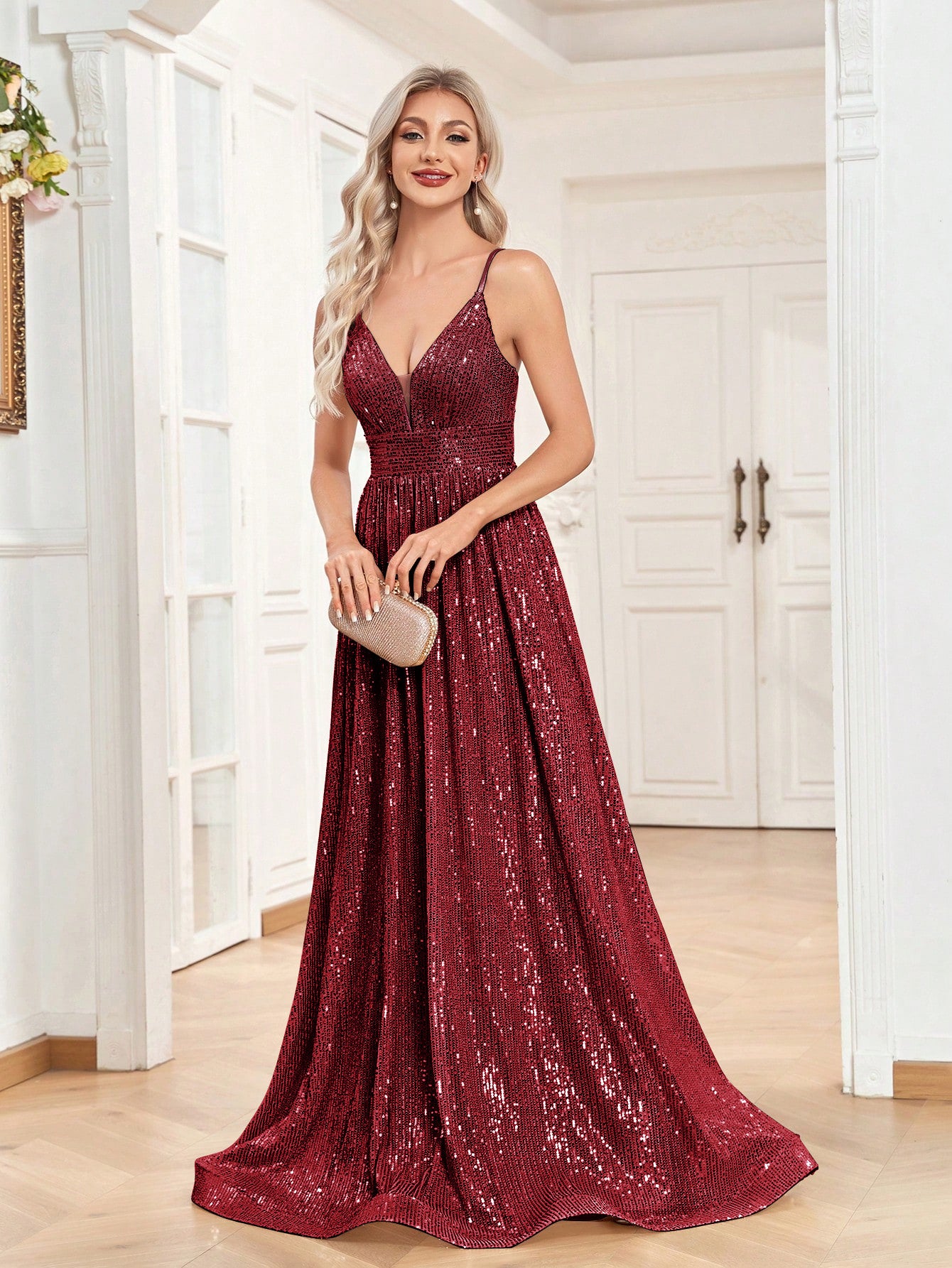 Sequined Bridesmaid Strap Dress, Elegant V-neck Floor Length Dress For Wedding Party | XUIBOL