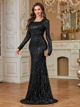 Black Sequin Square Neck Long Sleeve Mermaid Floor Length Evening Gown