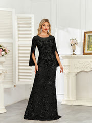 Royal Blue Sequin Split Flare‑Sleeve Mermaid Evening Gown
