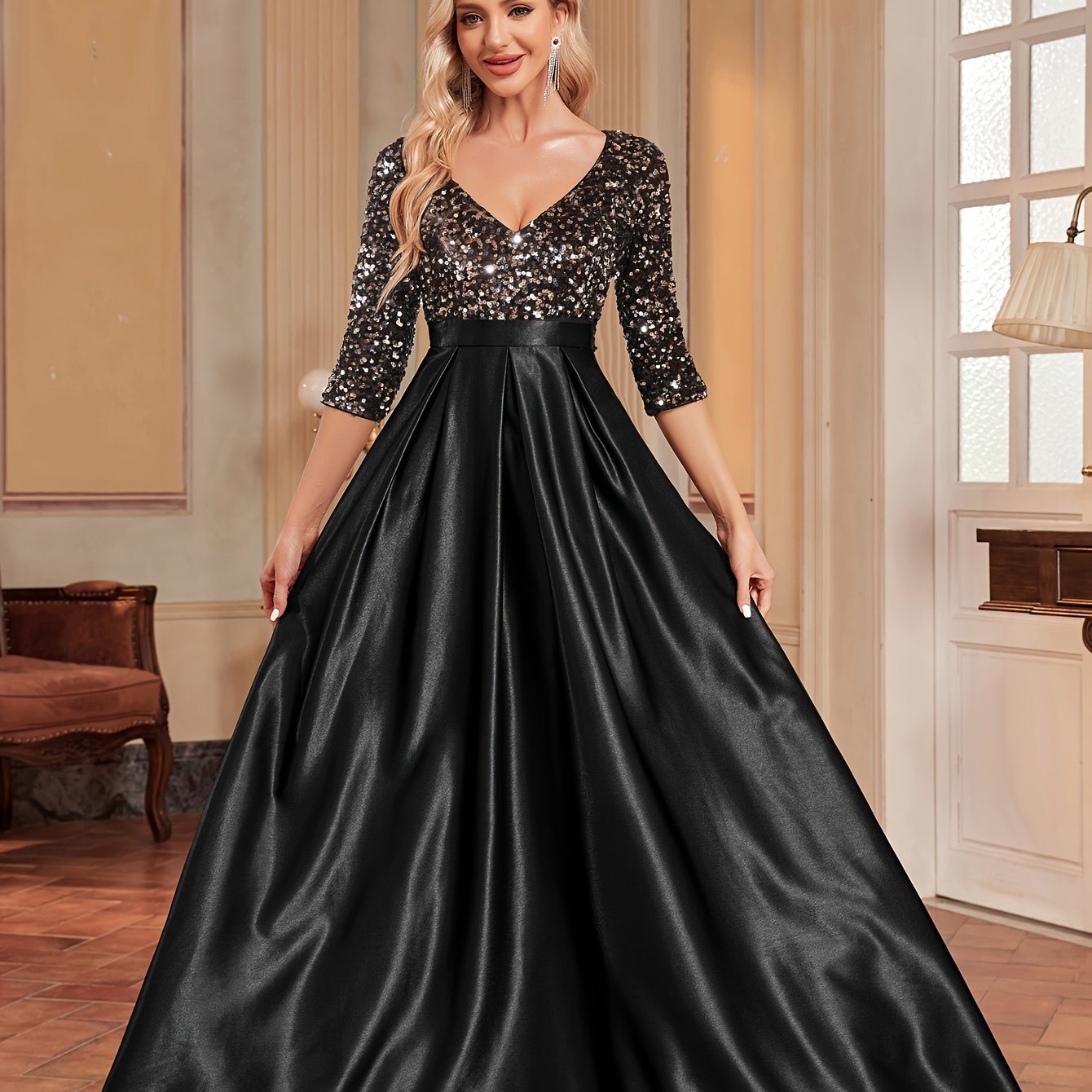 Sequined V-neck Splicing Dress | XUIBOL