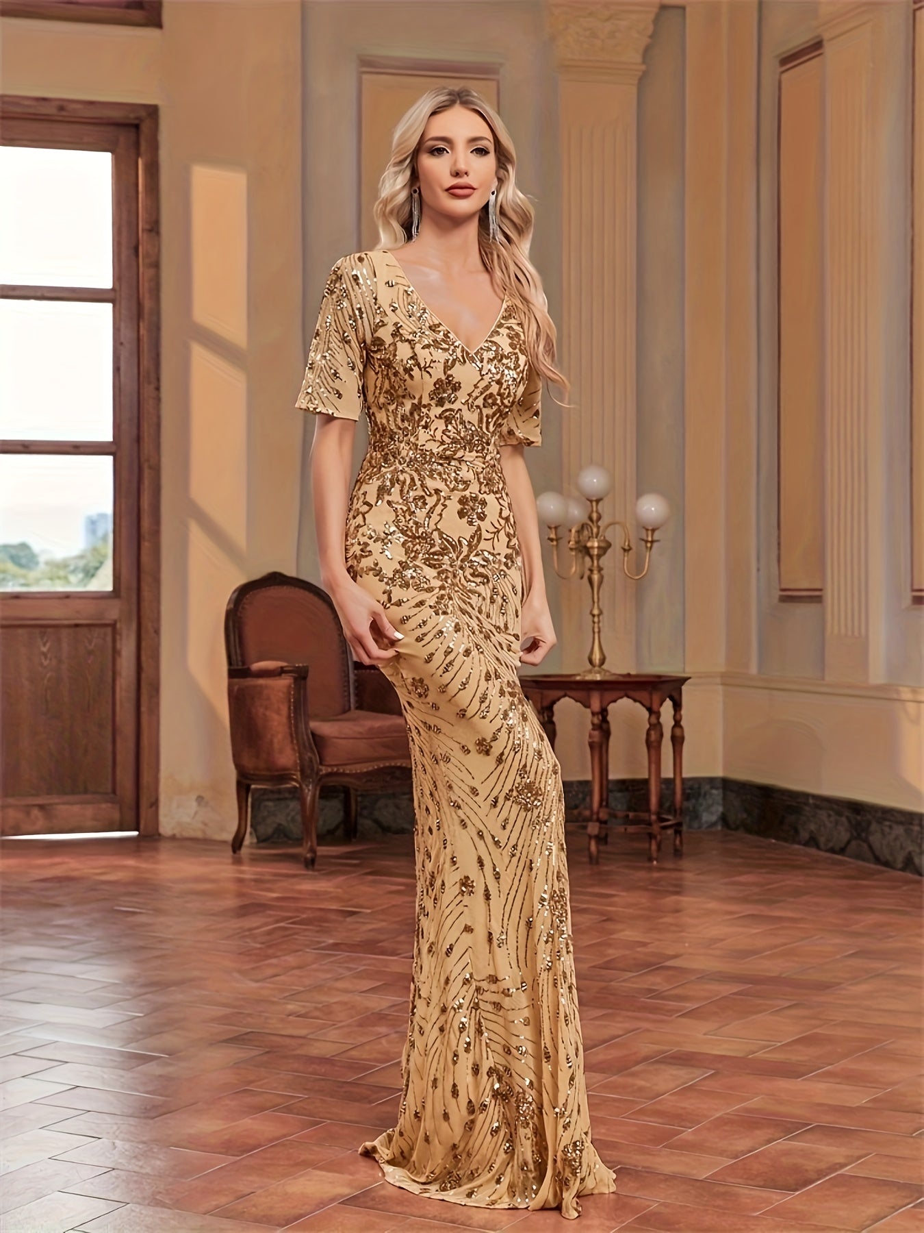 Floral Pattern Sequined Mermaid Dress, Elegant V-neck Short Sleeve Dress For Party & Banquet | XUIBOL