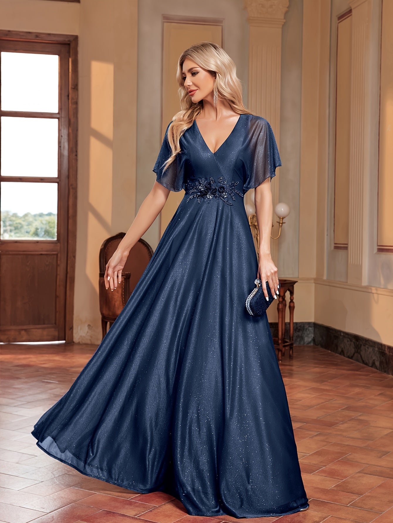 Flutter Sleeve Floral Decor Bridesmaid Dress | XUIBOL
