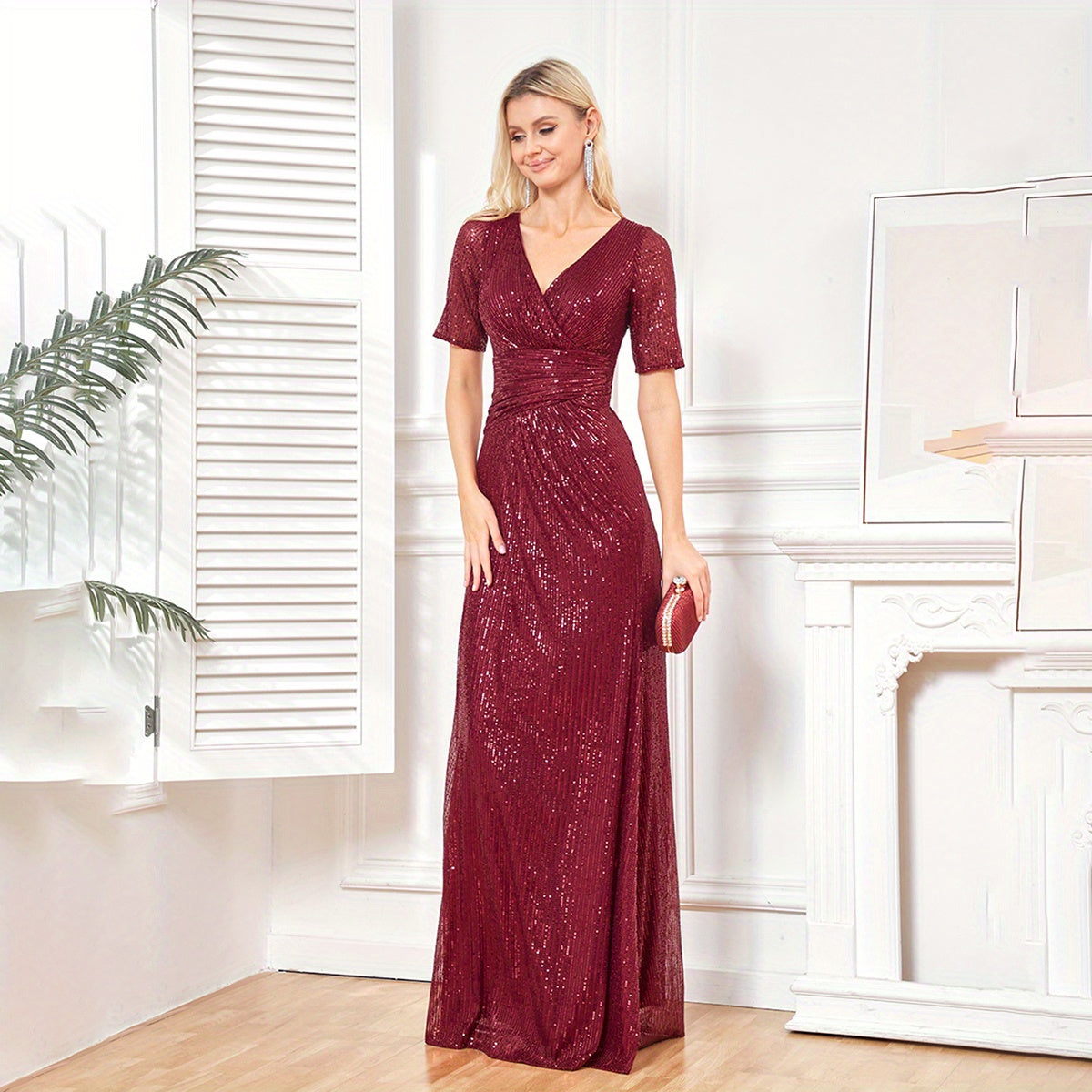 XUIBOL | Surplice Neck Sequin Bridesmaid Dress, Elegant Short Sleeve Dress For Wedding Party