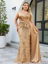 Champagne Gold Sequin Mermaid Evening Dress Plus Size V Neck Gown