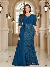 Navy Blue Lace Patchwork Puff Short Sleeve Plus Size Mermaid Evening Gown