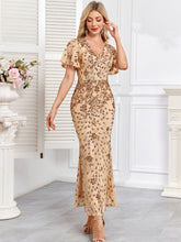 Champagne Gold Sequin Short Sleeve V Neck Midi Mermaid Evening Dress