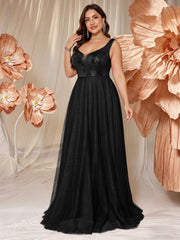 V-neck Long Sleeveless Sequined Embroidered Dress