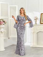Royal Blue Sequin Split Flare‑Sleeve Mermaid Evening Gown