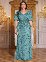 Navy Blue Sequin Puff Short Sleeve Mermaid Plus Size Evening Gown