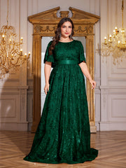 Rose Gold Sequin Flutter Sleeve Empire Waist A‑Line Plus Size Evening Gown