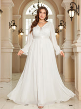 White Sheer Chiffon Long Sleeve V Neck A-Line Plus Size Evening Gown