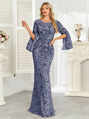 Royal Blue Sequin Split Flare‑Sleeve Mermaid Evening Gown