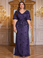 Navy Blue Sequin Puff Short Sleeve Mermaid Plus Size Evening Gown