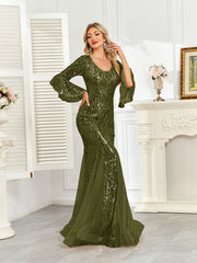 Champagne Gold Sequin Bell Sleeve Mermaid Evening Gown