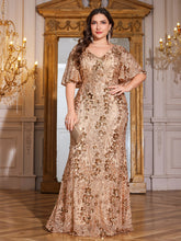 Champagne Gold Sequin Flutter Sleeve Mermaid Plus Size Evening Gown
