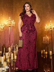 Champagne Gold Floral Sequin Sleeveless V‑Neck Plus‑Size Mermaid Evening Gown