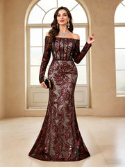 Tailored Off Shoulder Sequin Embroidered Long Dress