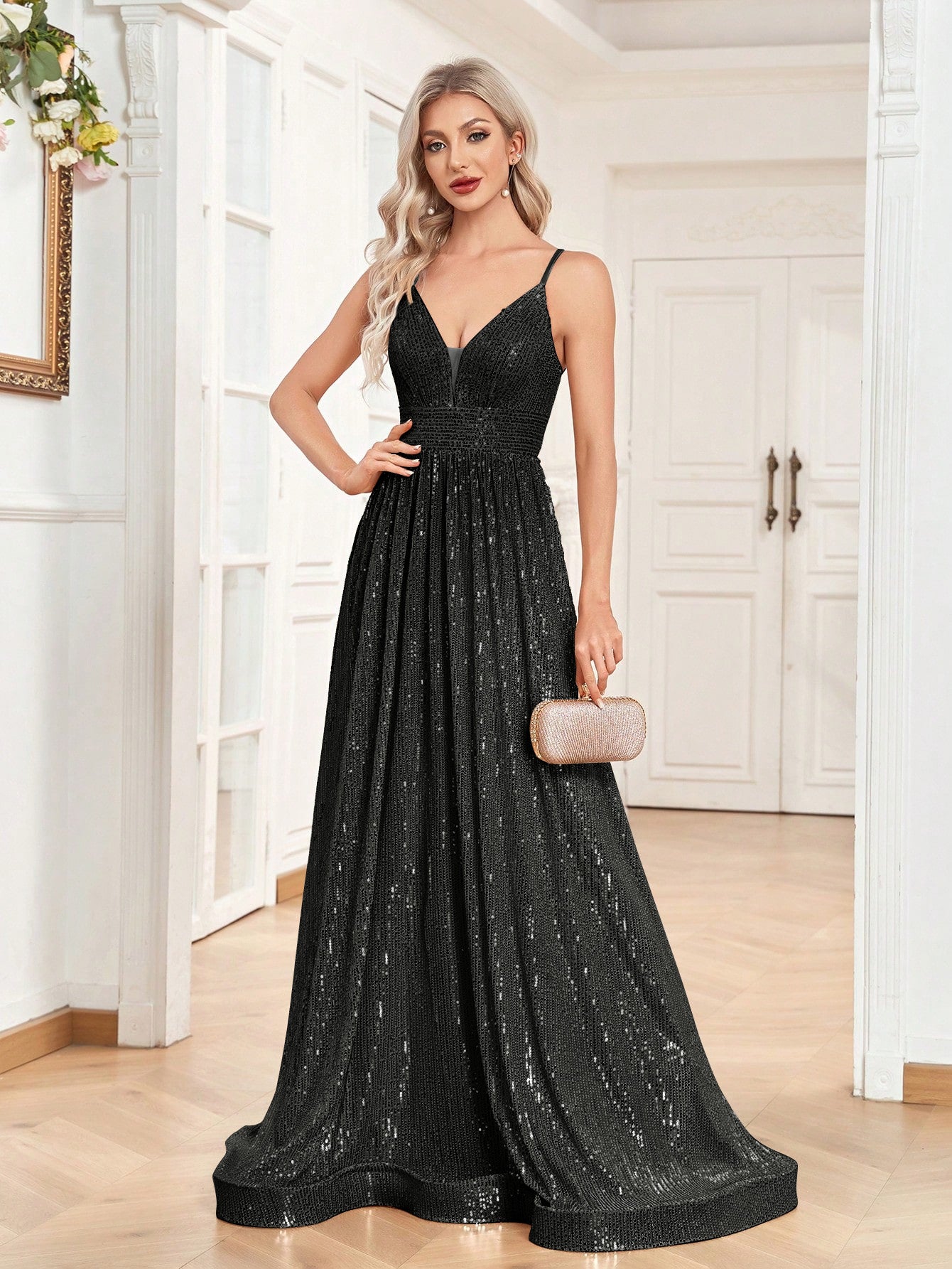 Sequined Bridesmaid Strap Dress, Elegant V-neck Floor Length Dress For Wedding Party | XUIBOL