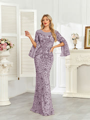 Royal Blue Sequin Split Flare‑Sleeve Mermaid Evening Gown