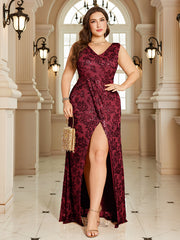 Navy Blue Floral Sequin Sleeveless Slit A‑Line Maxi Gown