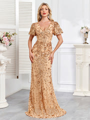 Champagne Gold Sequin Embellished V-Neck Mermaid Evening Gown