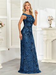 Royal Blue Sequin Off‑Shoulder Mermaid Evening Gown
