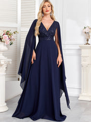 Navy Blue Sequin V‑Neck Cape Sleeve A‑Line Chiffon Evening Gown