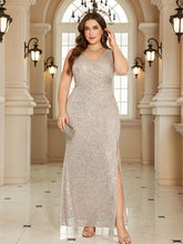 Silver Grey Sequin V Neck Sleeveless High Slit Plus Size Evening Dress