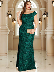 Navy Blue Floral Sequin Off‑Shoulder Sheath Maxi Gown