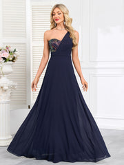 Navy Sequin One‑Shoulder A‑Line Maxi Evening Gown
