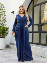 Deep Blue Sparkle High Waist Plus Size V Neck Long Sleeve A Line Maxi Dress