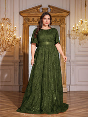 Rose Gold Sequin Flutter Sleeve Empire Waist A‑Line Plus Size Evening Gown