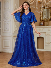 Royal Blue Sequin Flutter‑Sleeve High Waist A‑Line Evening Gown