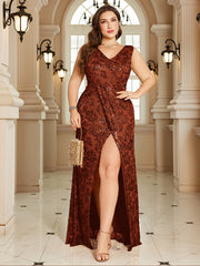 Navy Blue Floral Sequin Sleeveless Slit A‑Line Maxi Gown