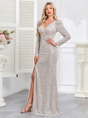 Champagne Silver Sequin Ruched Mermaid Long Evening Dress