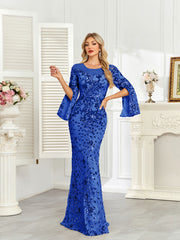 Royal Blue Sequin Split Flare‑Sleeve Mermaid Evening Gown