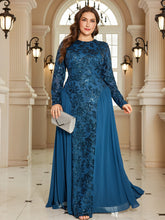 Navy Blue Floral Lace Long Sleeve A-Line Plus Size Evening Gown