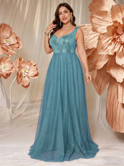 V-neck Long Sleeveless Sequined Embroidered Dress