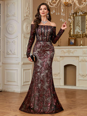 Burgundy Sequin Corset Off Shoulder Mermaid Evening Gown
