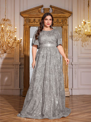 Rose Gold Sequin Flutter Sleeve Empire Waist A‑Line Plus Size Evening Gown