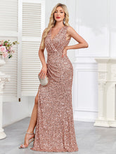 Rose Gold Sequin Surplice V‑Neck Sleeveless High Slit Evening Gown