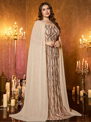 Champagne Chiffon Cape Strapless Sequin Plus‑Size Mermaid Formal Dress