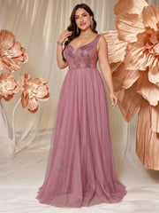 V-neck Long Sleeveless Sequined Embroidered Dress