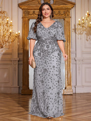 Navy Blue Sequin Puff Short Sleeve Mermaid Plus Size Evening Gown