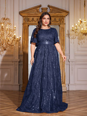 Rose Gold Sequin Flutter Sleeve Empire Waist A‑Line Plus Size Evening Gown