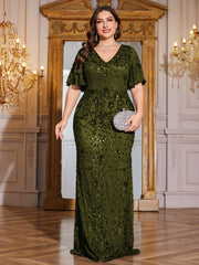Royal Blue Sequin Flutter Sleeve Mermaid Evening Gown