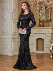 Black Sequin Square Neck Long Sleeve Mermaid Floor Length Evening Gown